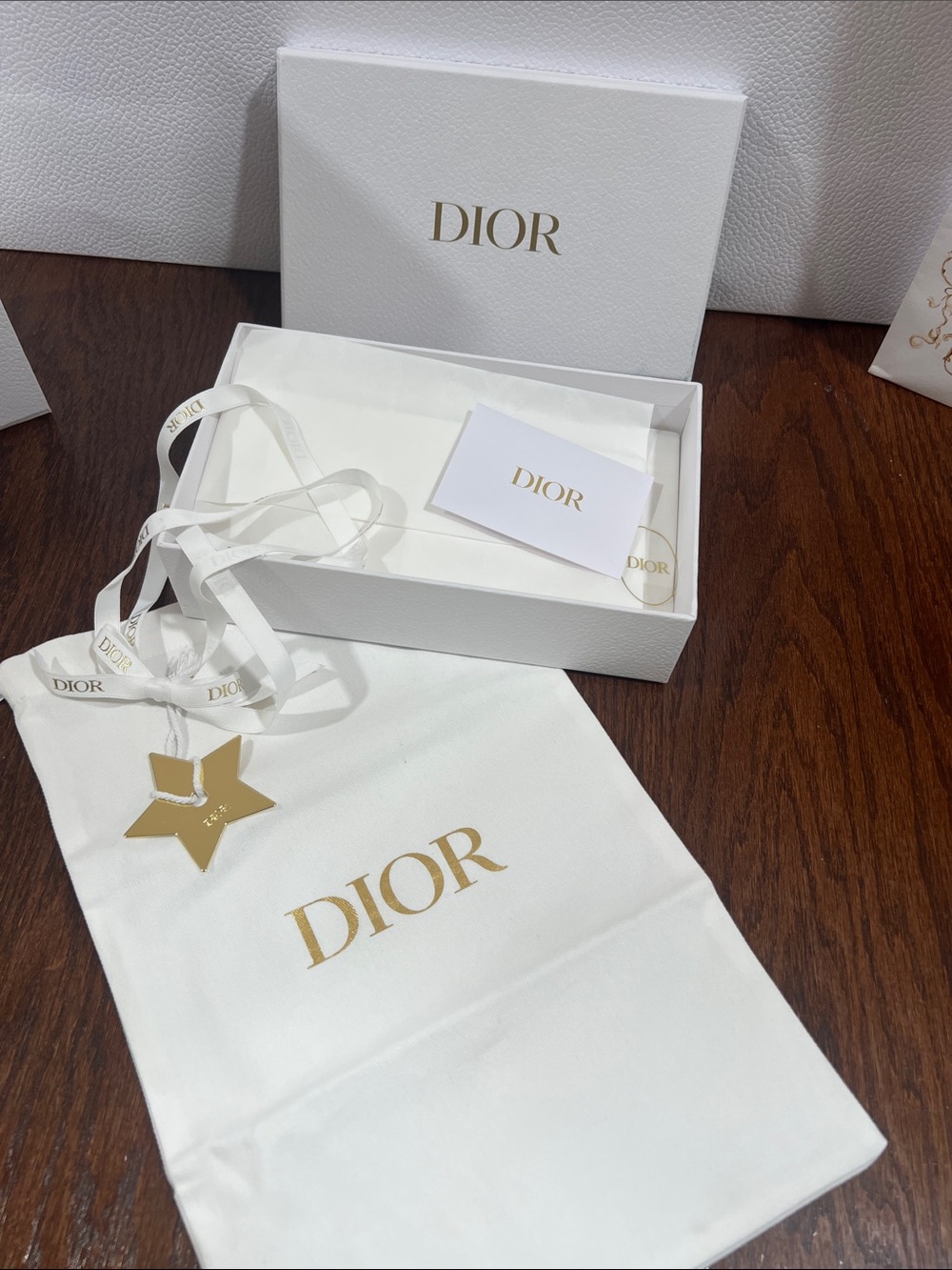 Dior Gold Star Charm with White Branded Ribbon, box , envelope, and dust bag
